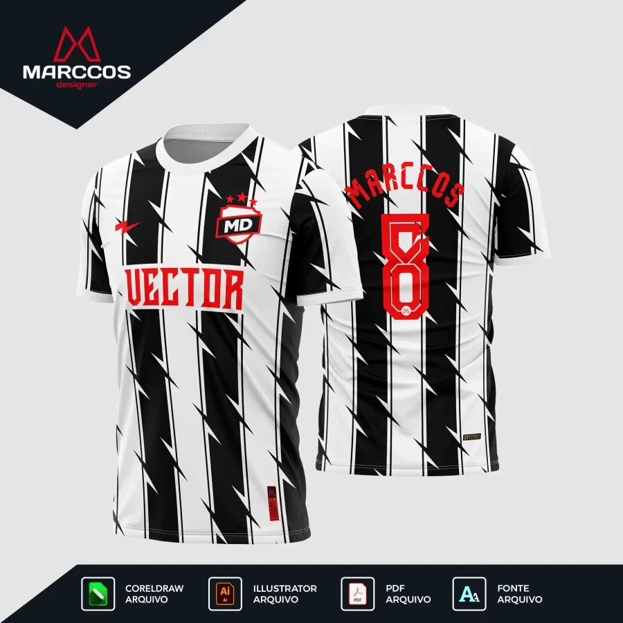 Arte Camisa de Futebol Listrada Preto e Branco