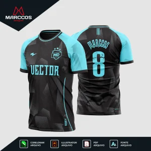Arte Estampa Vetor Camisa de Futebol Preta e Azul