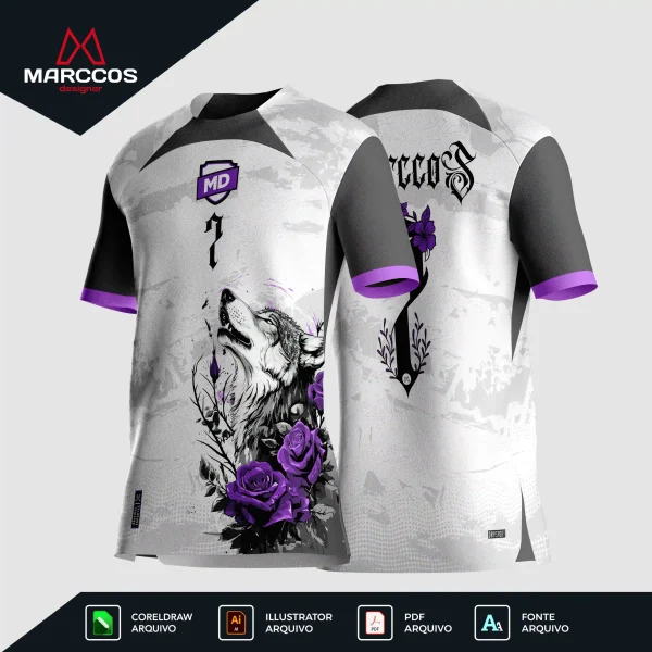 Arte Estampa Vetor Camisa de Interclasse Lobo Floral