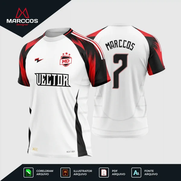 Vetor Camisa Futebol Branca Preta e Vermelha