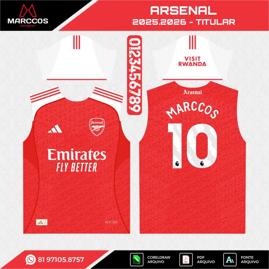 Arte Vetor Camisa Arsenal Titular 2025.2026