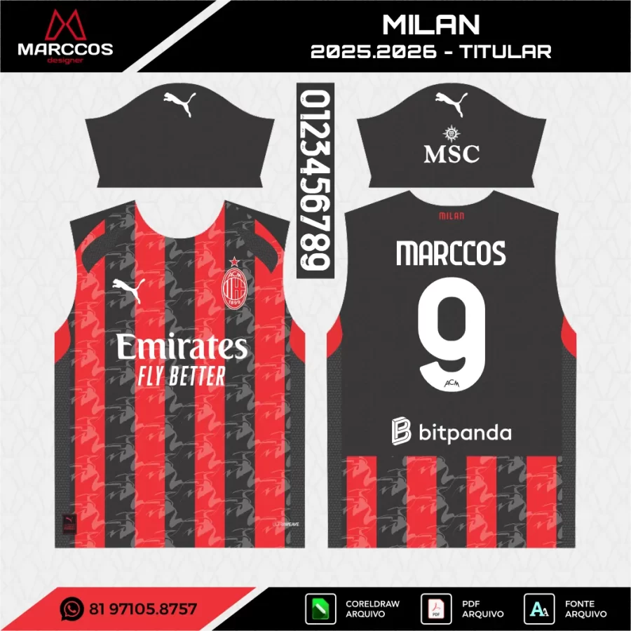 Arte Vetor Camisa Milan Titular 2025.2026