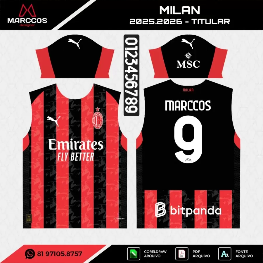 Arte Vetor Camisa Milan Titular 2025.2026