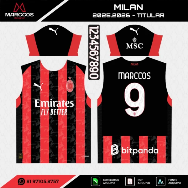 Arte Vetor Camisa Milan Titular 2025.2026