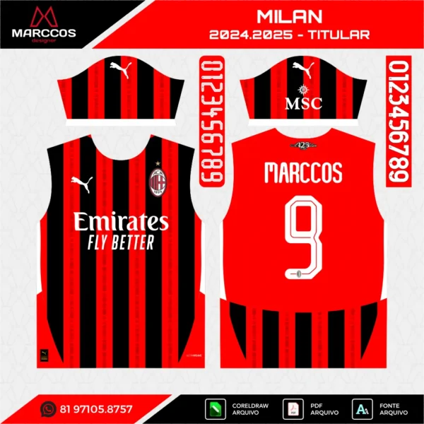 Arte Vetor Camisa Milan Titular 2024.2025