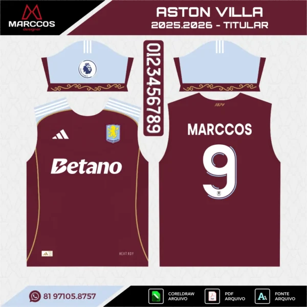 Arte Vetor Camisa Aston Villa Titular 2025.2026