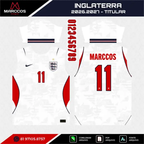 Arte Vetor Camisa Inglaterra Titular 2026.2027 Arte Vetor Camisa Inglaterra Titular 2026.2027
