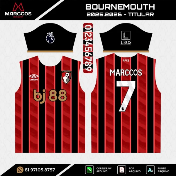Arte Vetor Camisa Bournemouth Titular 2025.2026 Arte Vetor Camisa Bournemouth Titular 2025.2026